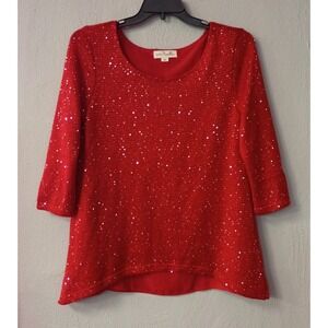 Simply Noelle Sequin Sweater S/M Red Knit Long Sleeve‎ Open Back Christmas Party